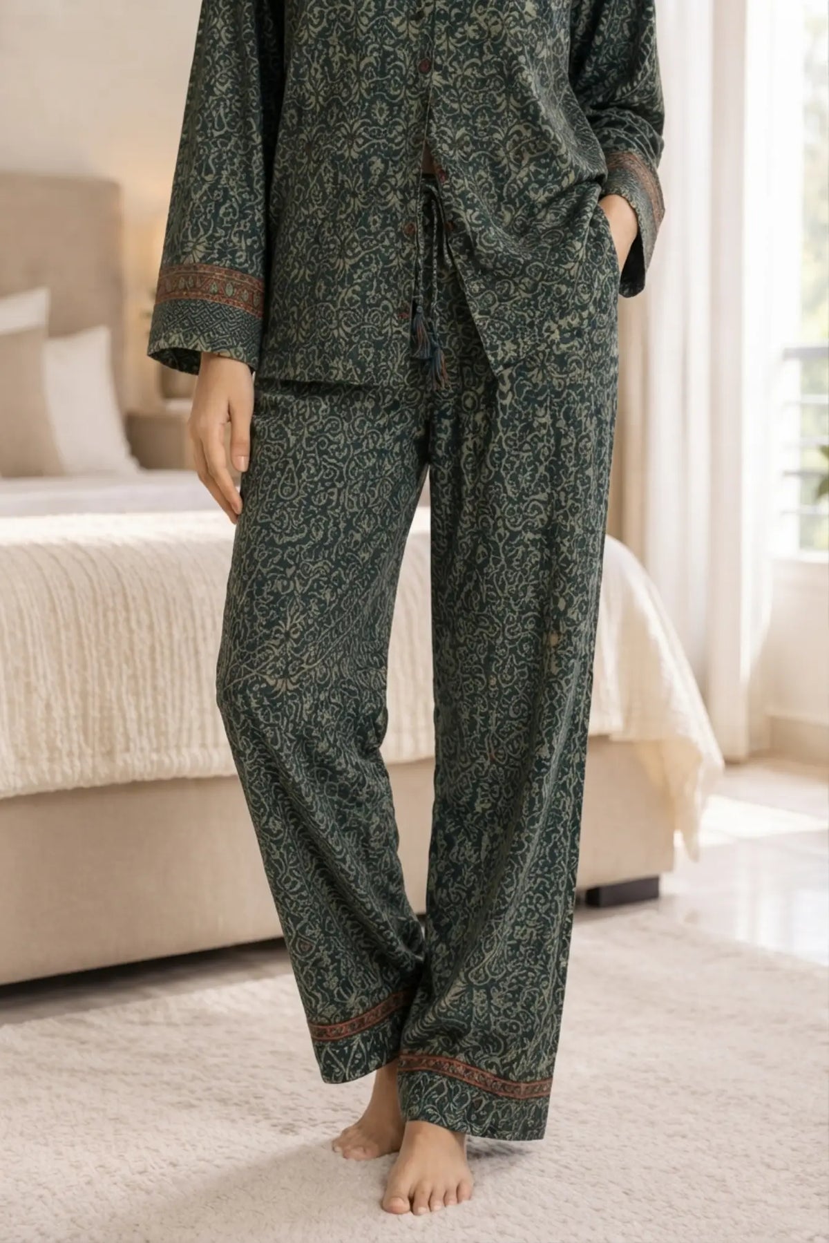 Silky Nightwear Pajama Set, Recycled Sari Silk Blend Luxury Lounge Set, Button Down Top, Drawstring Pants with Side Pockets, Gift