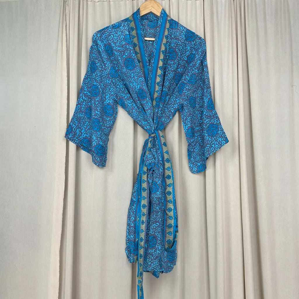 Vintage Silk Sari Boho Kimono | Luxury Loungewear House Robe Flowy Gown, Regal Floral Romance Duster Beach CoverUp, Bridesmaid Dressing Gown