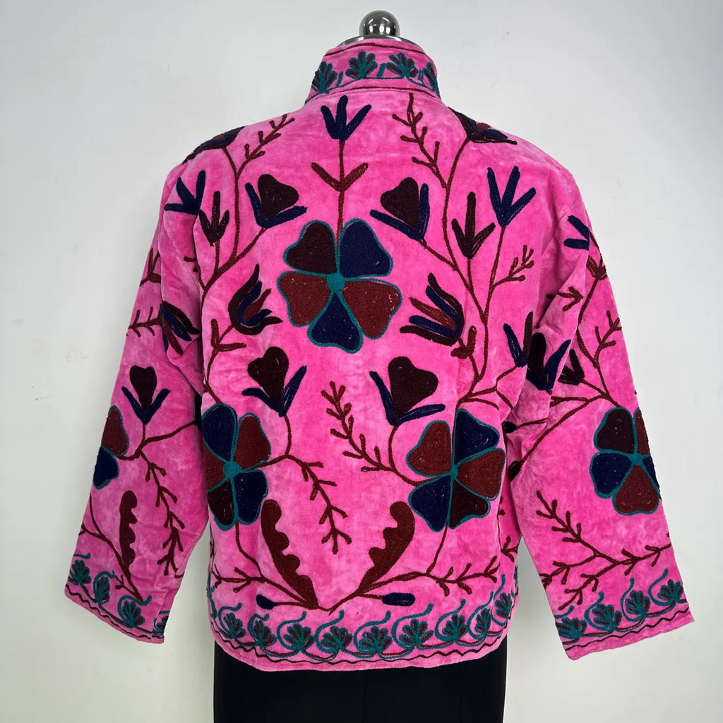 Boho Velvet Suzani Jacket Hand Embroidered | Open Front Coat Winter Wear Free Size Robe | Retro Chic smoking jacket — Blazer Gift for Her