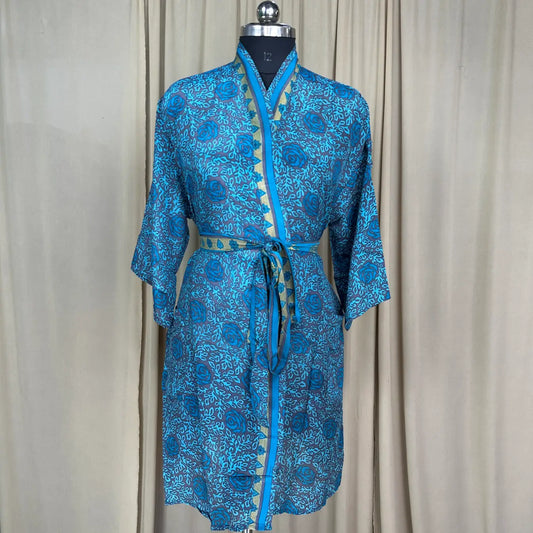 Vintage Silk Sari Boho Kimono | Luxury Loungewear House Robe Flowy Gown, Regal Floral Romance Duster Beach CoverUp, Bridesmaid Dressing Gown