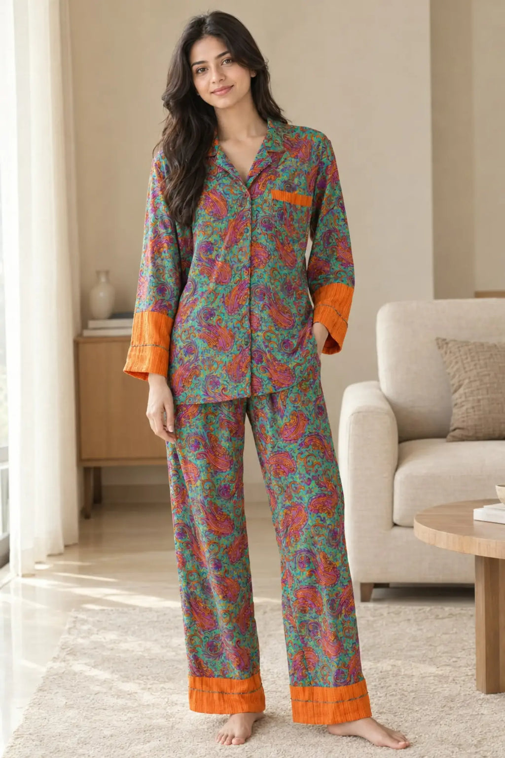 Handmade Recycled Sari Pajama Set, Boho Women's Clothing, Silk Blend Loungewear, Button Down Top, Drawstring Pants, Gift for Her