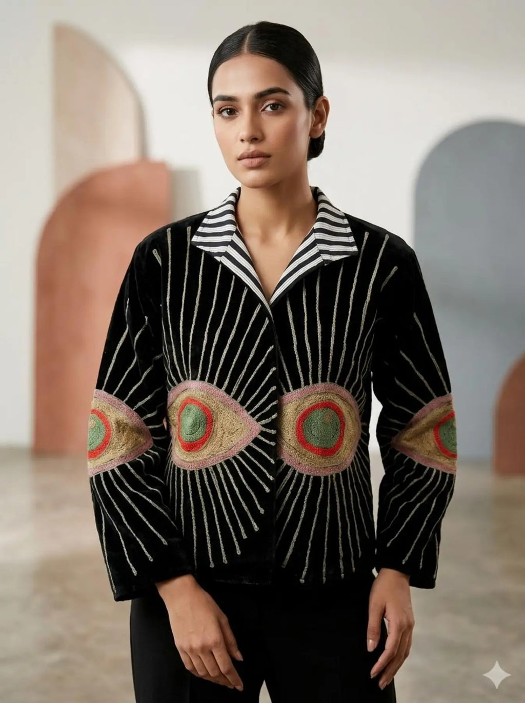 Boho Hand Embroidered Velvet Suzani Jacket | Black Geometric Open Front Coat Winter Wear Free Size Retro Chic Free Size Robe Blazer for Her