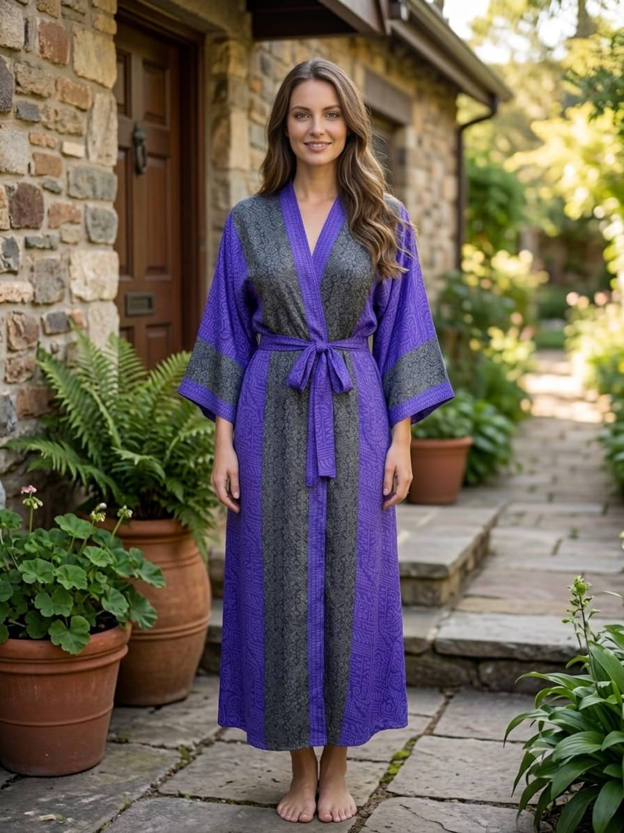 Upcycle Boho Silky Long Women kimono, Boho Chic Robe House Beach Cover Up Vintage Bridesmaid Lounge Dressing Gown Resort Wear Gypsy Nightwear