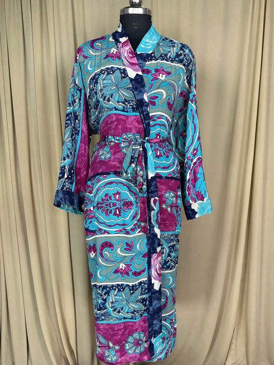 Recycle Silk Sari Women Kimono | Boho Chic Robe House, Beach Cover Up Vintage Bridesmaid Lounge Dressing Gown l Resort Wear Gypsy Nightwear