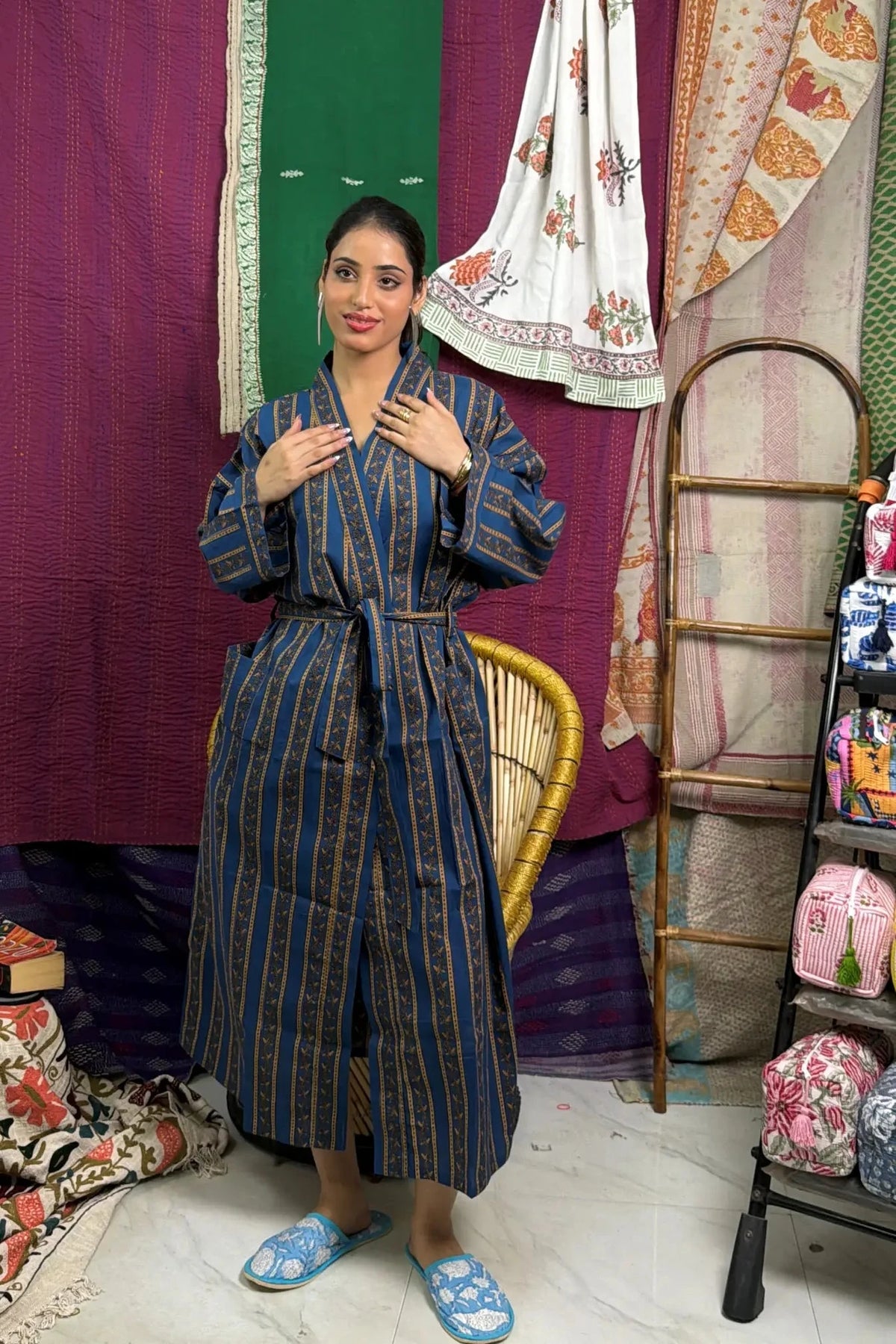 Cotton Kimono Robe | Handblock Striped Summer House Robe, Dressing Gown, Boho Beach Coverup, Bridesmaid dress Womens clothing, Gift For Her