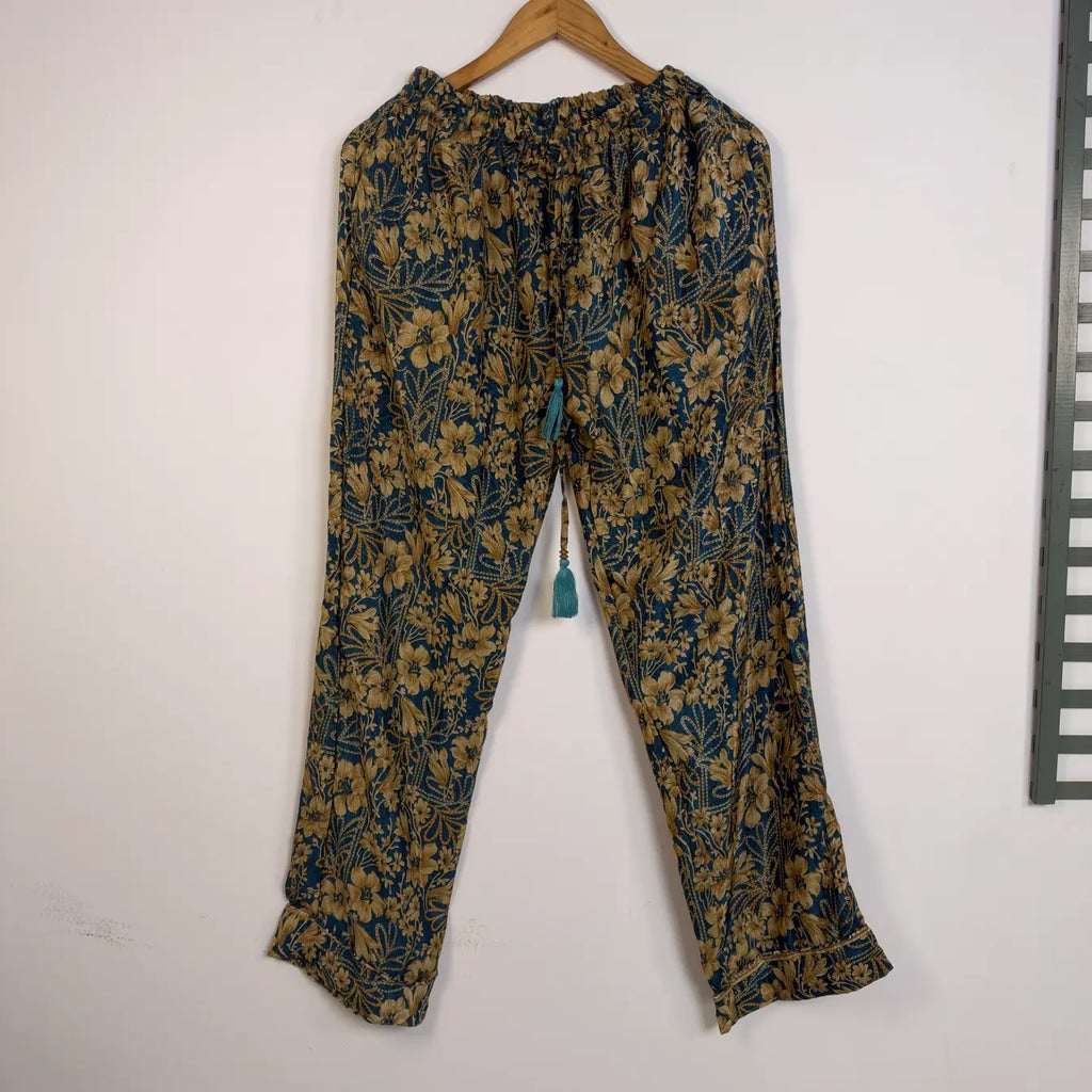 Handmade Recycled Sari Pajama Set, Boho Women's Clothing, Silk Blend Loungewear, Button Down Top, Drawstring Pants, Gift for Her