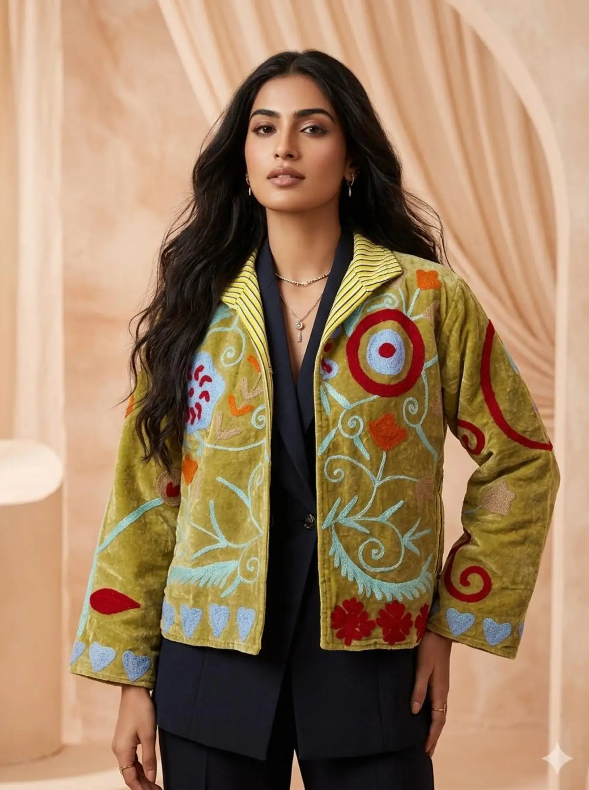 Boho Hand Embroidered Velvet Suzani Jacket, Green Floral Open Front Coat Winter Wear Free Size Robe Retro Chic Free Size Robe Blazer for Her