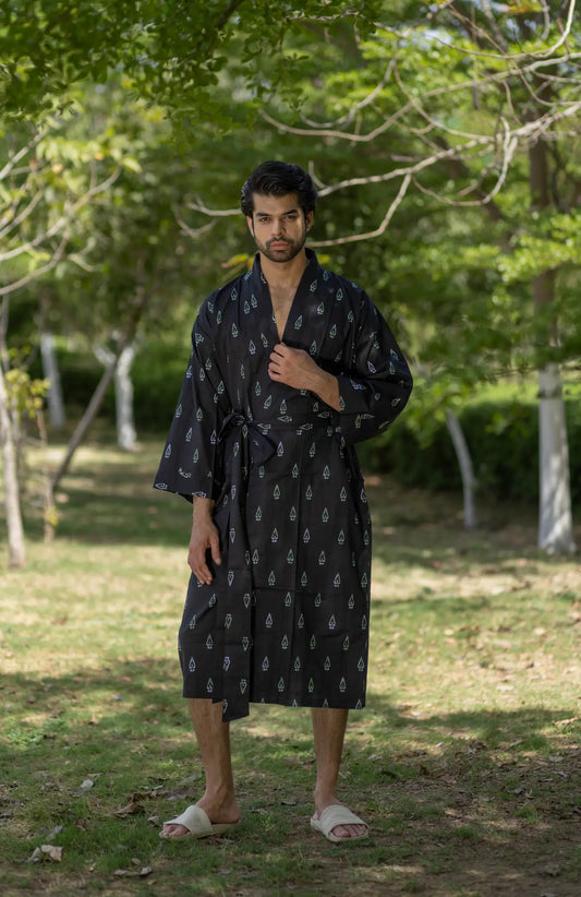 Pure Cotton Boho Men Kimono Robe | Geometric Luxury Dressing Gown Summer Loungewear, Onesie Unisex Bathrobe Relax Fit Beach Outfit Cardigan