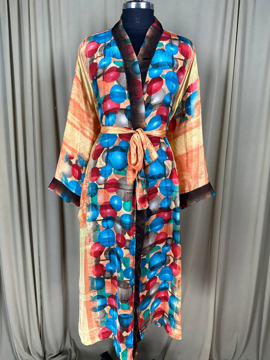 Recycle Silk Sari Women Kimono, Boho Chic Beach Cover Up Vintage Lounge Dressing Robe  l Resort Wear Regal Gypsy House Robe Yellow Geometric