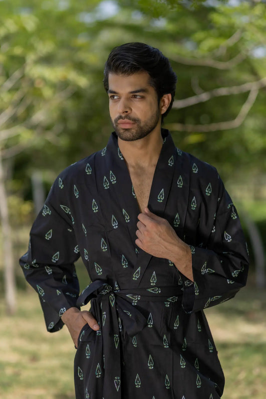 Pure Cotton Boho Men Kimono Robe | Geometric Luxury Dressing Gown Summer Loungewear, Onesie Unisex Bathrobe Relax Fit Beach Outfit Cardigan