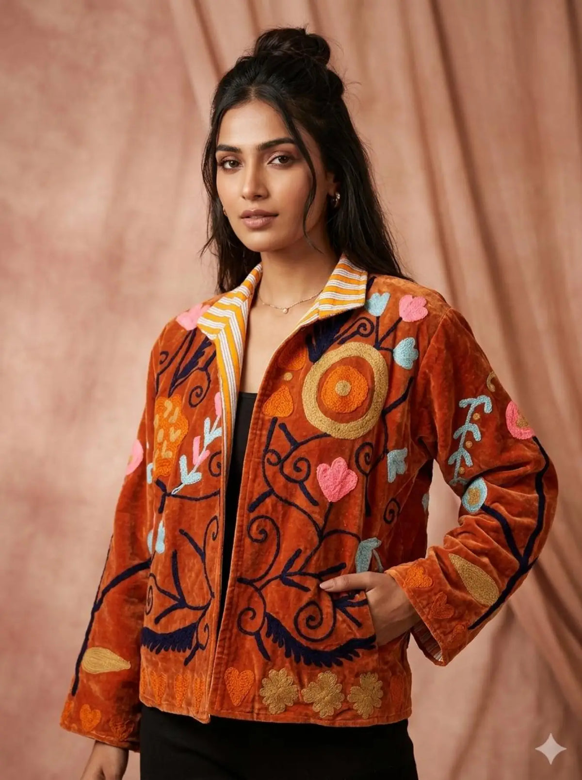 Boho Hand Embroidered Velvet Suzani Jacket, Brwon Floral Open Front Coat Winter Wear Free Size Robe Retro Chic Free Size Robe Blazer for Her