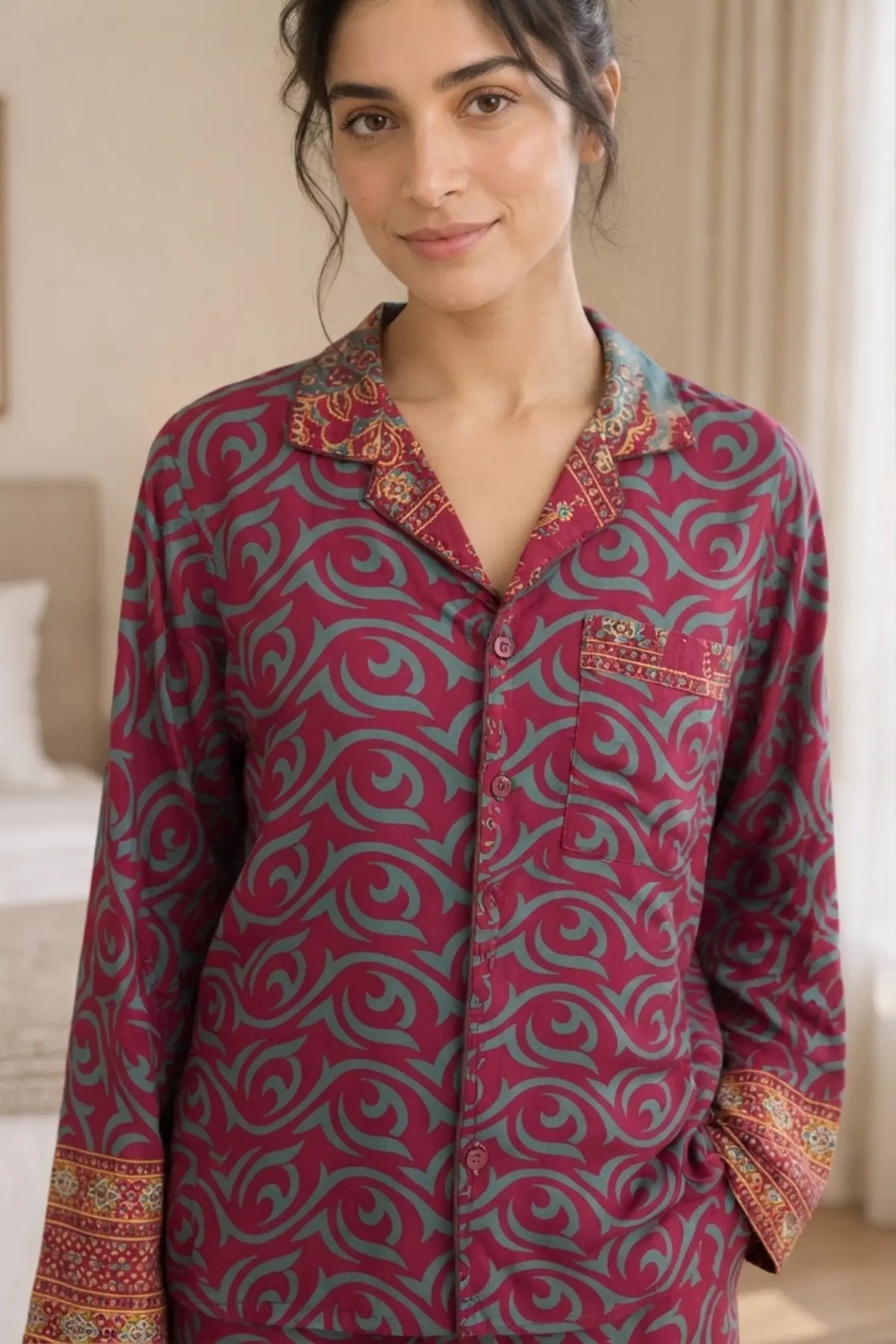 Bridal Silk Blend Pajama Set, Handmade Sari Sleepwear for Honeymoon and Wedding Morning, Bridal Shower Gift, Bachelorette Party, Bride Gift