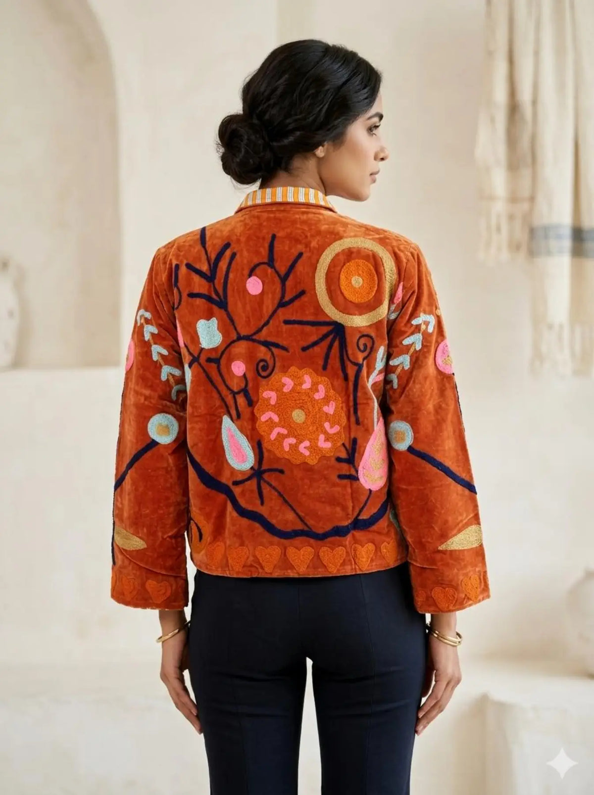 Boho Hand Embroidered Velvet Suzani Jacket, Brwon Floral Open Front Coat Winter Wear Free Size Robe Retro Chic Free Size Robe Blazer for Her