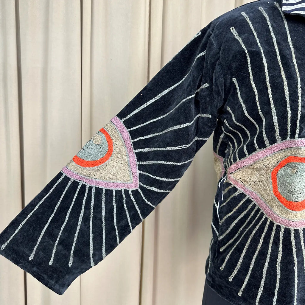 Boho Hand Embroidered Velvet Suzani Jacket | Black Geometric Open Front Coat Winter Wear Free Size Retro Chic Free Size Robe Blazer for Her