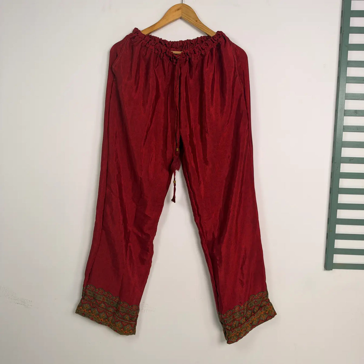 Boho Silk Sari Pajama Set, Colorful Handmade Loungewear for Women with Pockets, Short Sleeve Button Down Top, Drawstring Pants, Gift