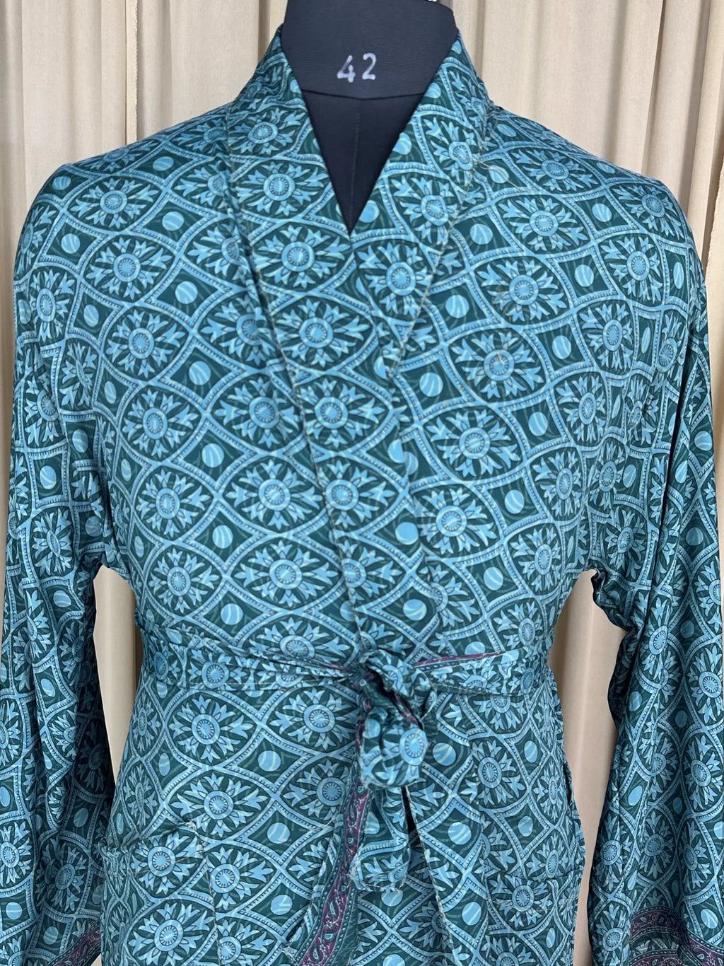 Men's Silky Kimono Robe in green geometric