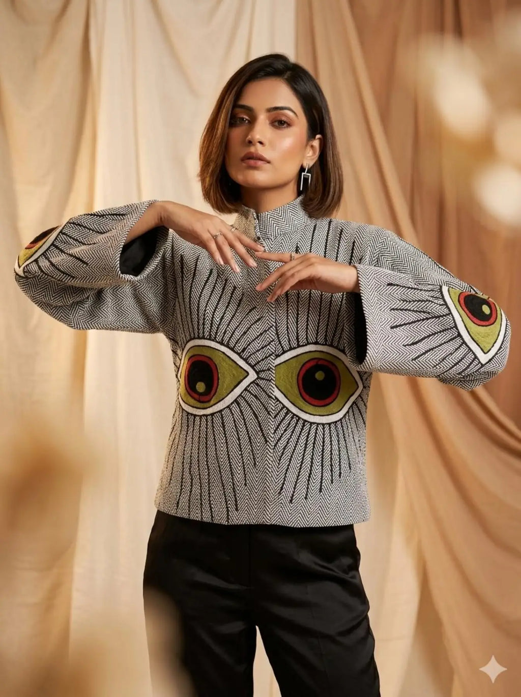 Women's Suzani embroidered Cotton Jacket in white geometric