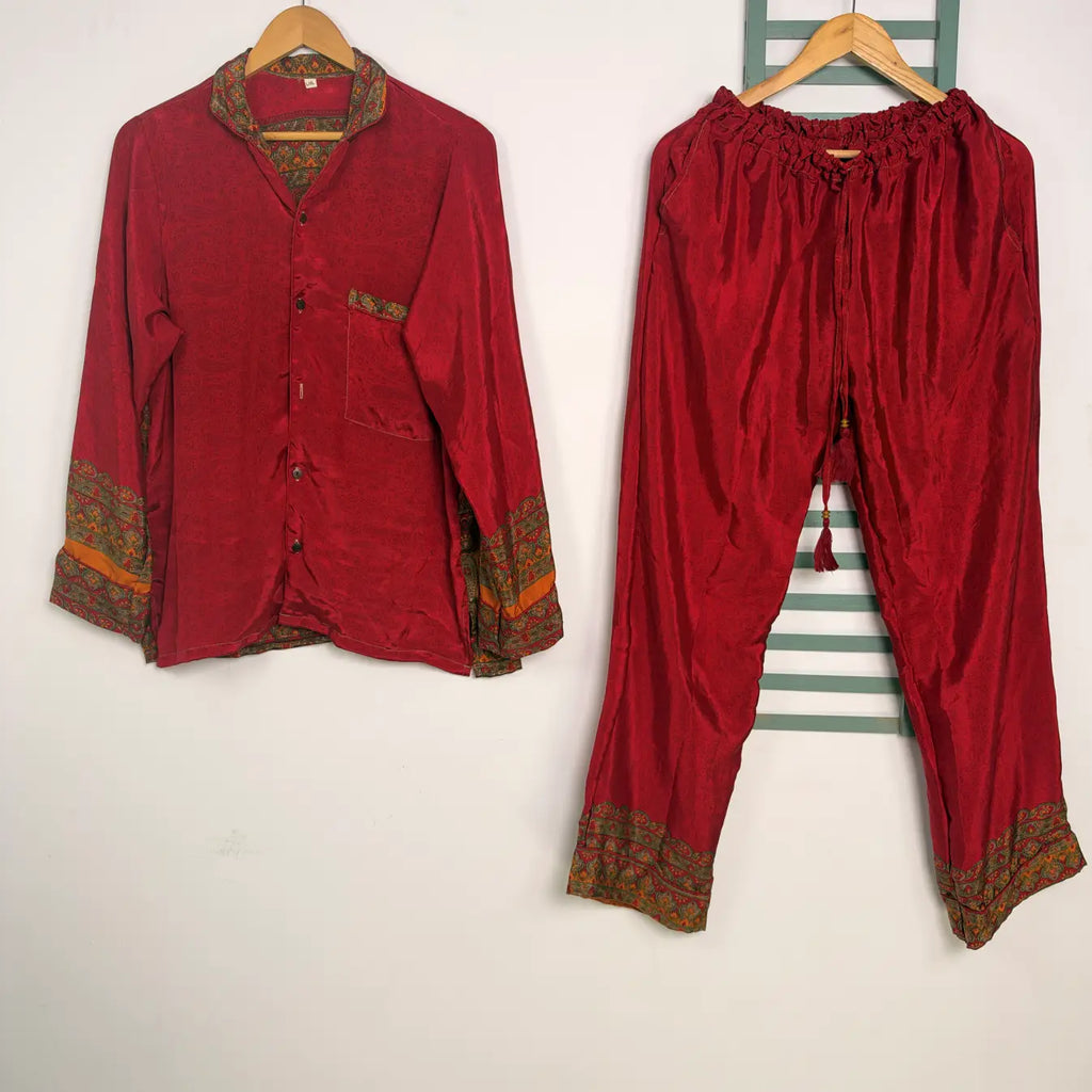 Boho Silk Sari Pajama Set, Colorful Handmade Loungewear for Women with Pockets, Short Sleeve Button Down Top, Drawstring Pants, Gift