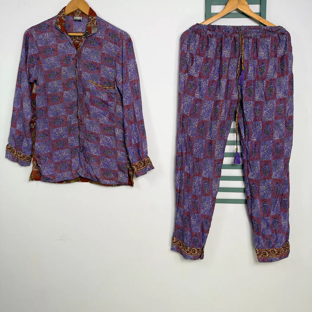 Women's Silk Blend Pajama Set, Recycled Sari Loungewear, Handmade Relaxation Gift, Birthday Gift for Her, Short Sleeve Top, Side Pockets
