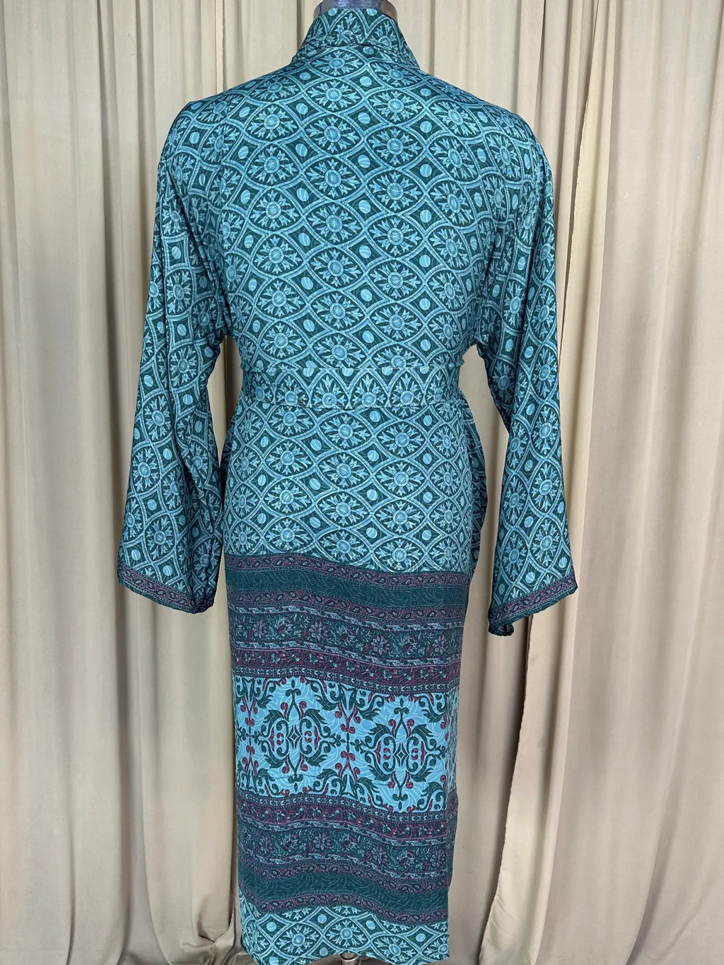 Men's Silky Kimono Robe in green geometric