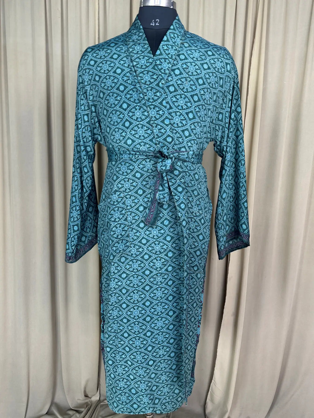 Men's Silky Kimono Robe in green geometric