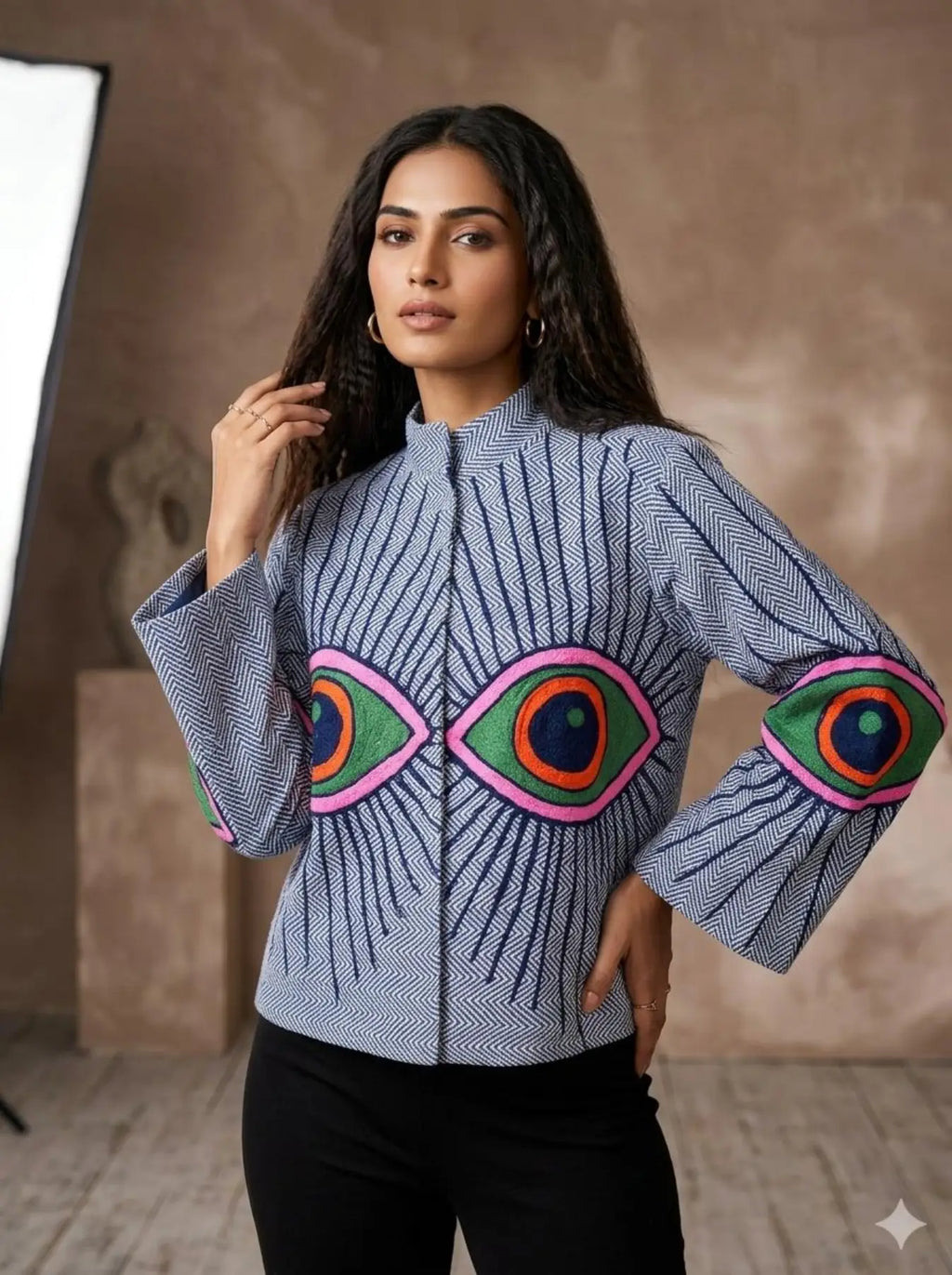 Boho Hand Embroidered Cotton Suzani Jacket | White Geometric Open Front Coat Winter Wear Free Size Retro Chic Free Size Robe Blazer for Her