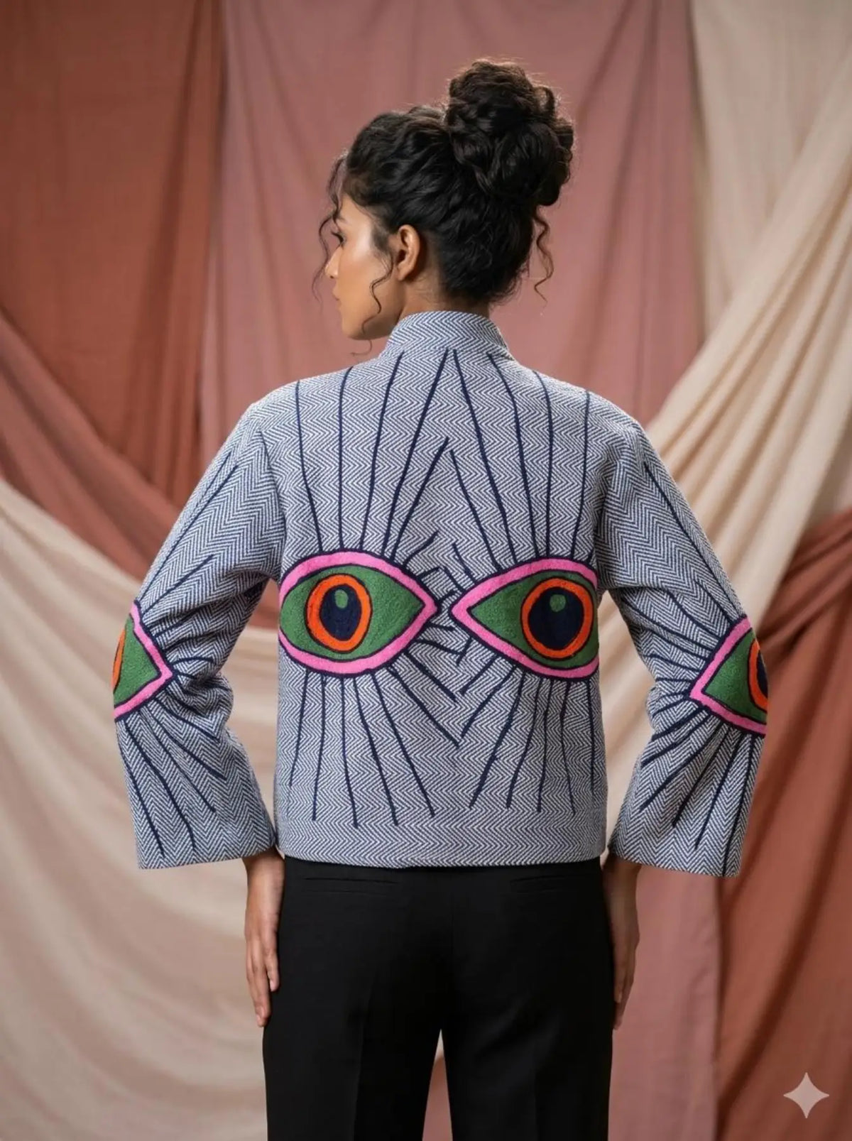 Boho Hand Embroidered Cotton Suzani Jacket | White Geometric Open Front Coat Winter Wear Free Size Retro Chic Free Size Robe Blazer for Her