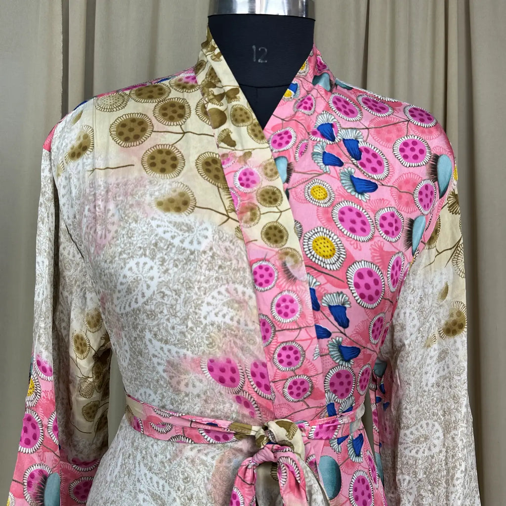 Vintage Silk Sari Boho Kimono | Luxury Loungewear House Robe Flowy Gown, Regal Floral Romance Duster Beach CoverUp, Bridesmaid Dressing Gown