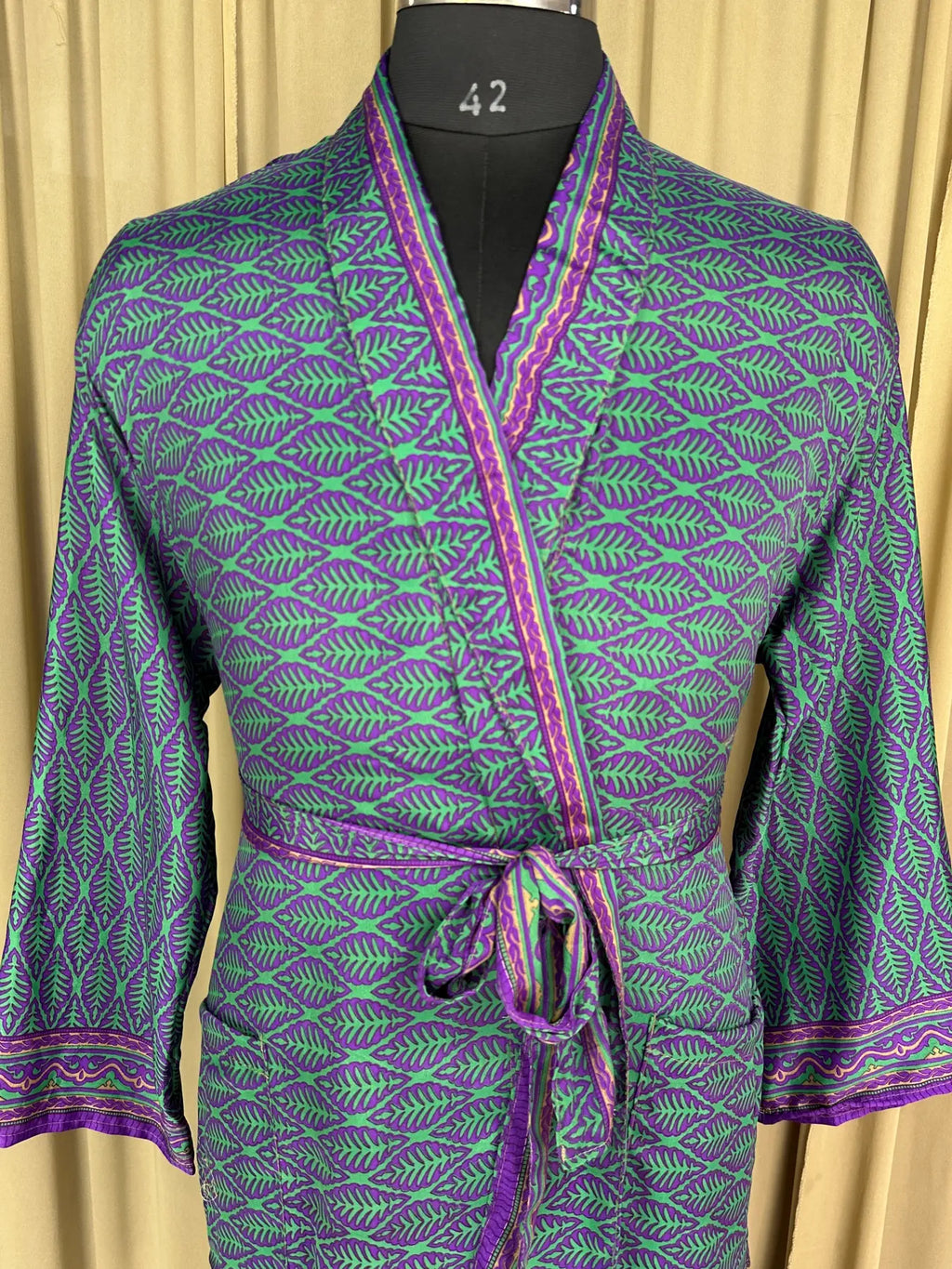 Men's Silky Kimono Robe in green floral