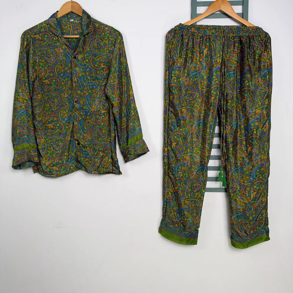 Recycled Silk Sari Pajama Set, Soft Handmade Nightwear, Valentine Gift for Her, Button Down Top, Drawstring Pants, Luxury Lounge Gift