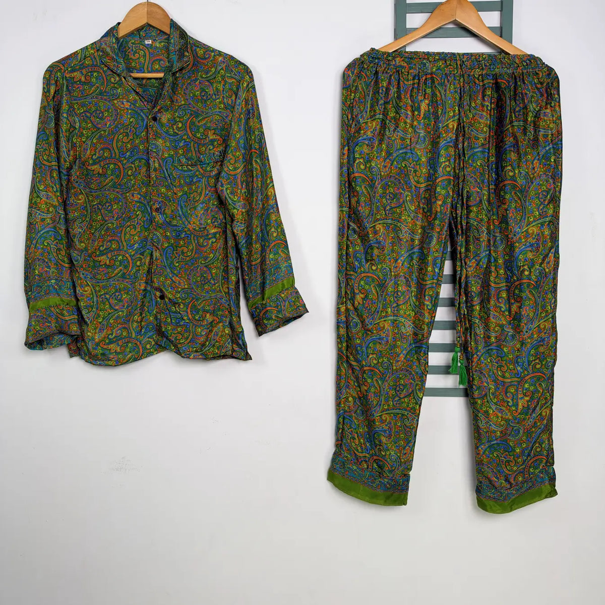 Recycled Silk Sari Pajama Set, Soft Handmade Nightwear, Valentine Gift for Her, Button Down Top, Drawstring Pants, Luxury Lounge Gift