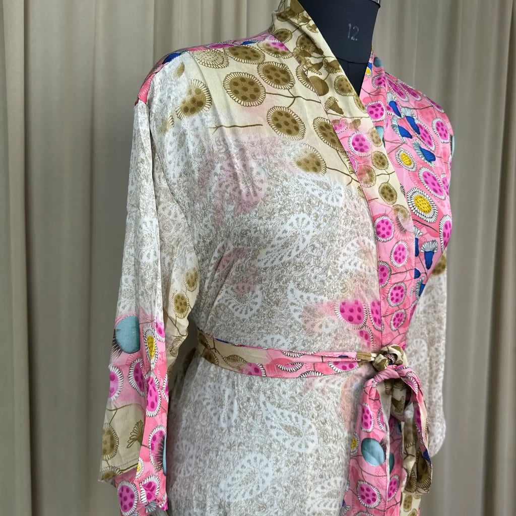 Vintage Silk Sari Boho Kimono | Luxury Loungewear House Robe Flowy Gown, Regal Floral Romance Duster Beach CoverUp, Bridesmaid Dressing Gown