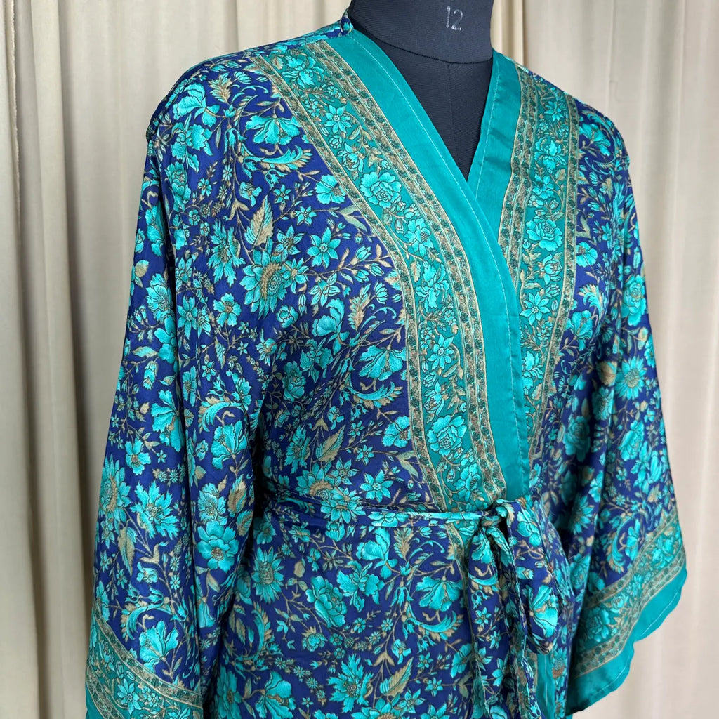 Vintage Silk Sari Boho Kimono | Luxury Loungewear House Robe Flowy Gown, Regal Floral Romance Duster Beach CoverUp, Bridesmaid Dressing Gown