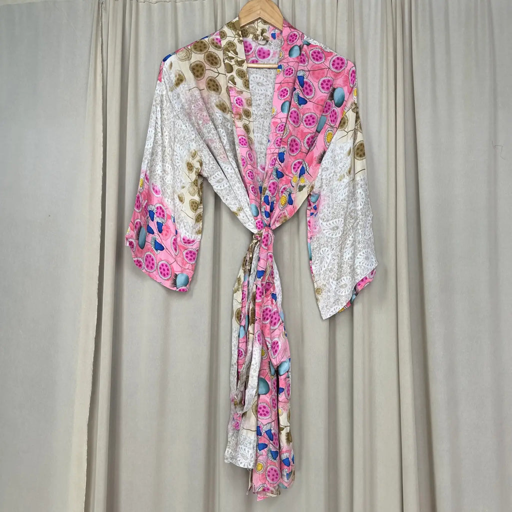 Vintage Silk Sari Boho Kimono | Luxury Loungewear House Robe Flowy Gown, Regal Floral Romance Duster Beach CoverUp, Bridesmaid Dressing Gown