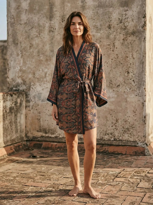 Vintage Silk Sari Boho Kimono | Luxury Loungewear House Robe Flowy Gown, Regal Floral Romance Duster Beach CoverUp, Bridesmaid Dressing Gown