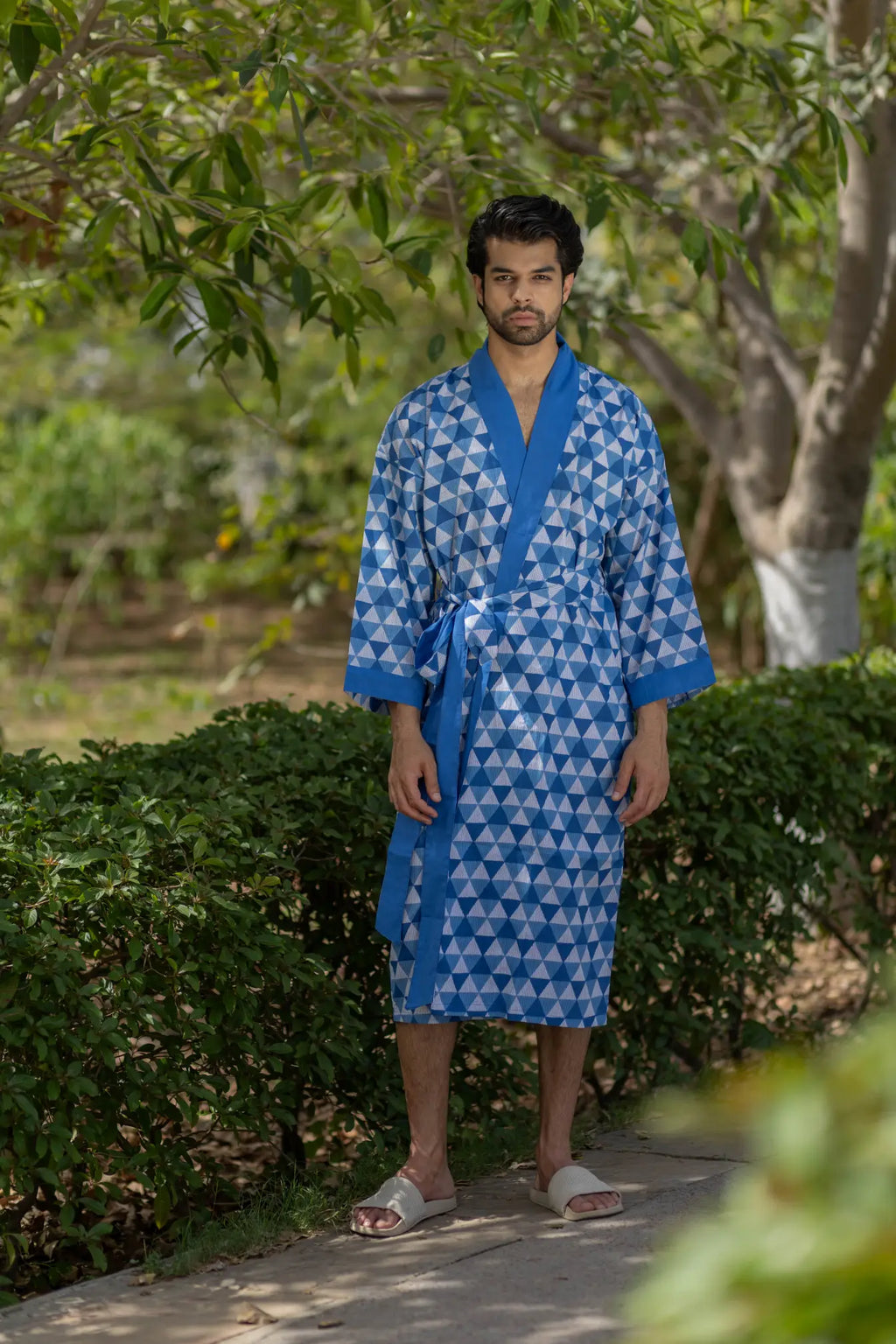 Unisex Cotton Kimono Robe in geometric