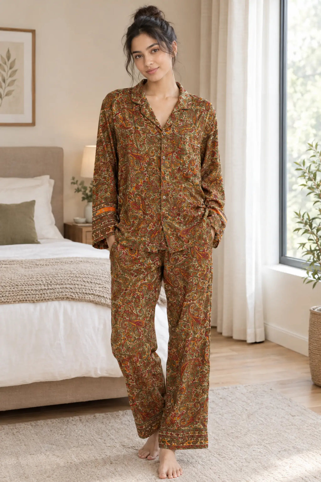 Women's Recycled Silk Sari Pajama Set, Handmade Family Pajamas, Colorful Sleepwear, Short Sleeve Top, Drawstring Pants, Holiday Gift for Mom