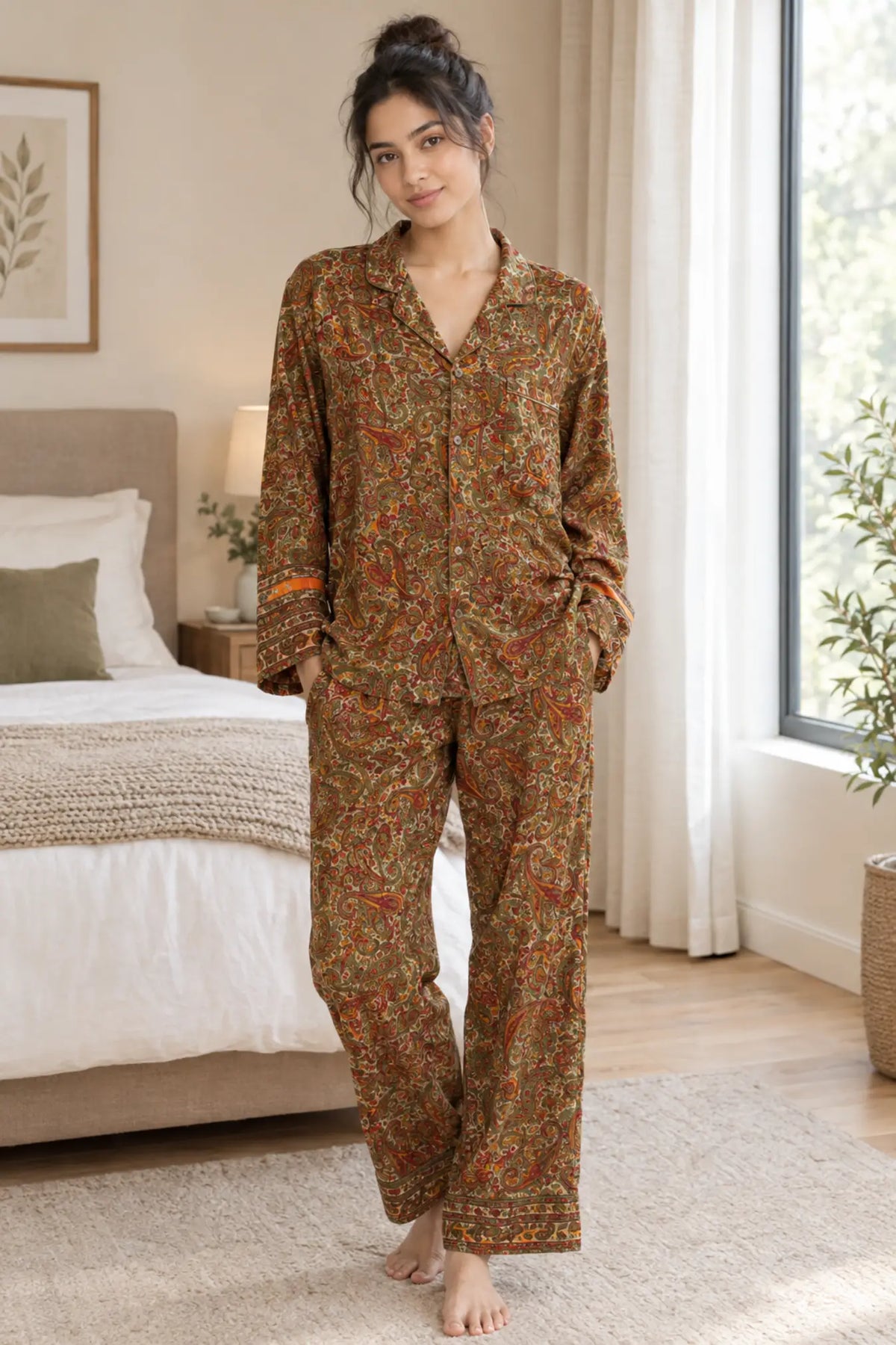 Women's Recycled Silk Sari Pajama Set, Handmade Family Pajamas, Colorful Sleepwear, Short Sleeve Top, Drawstring Pants, Holiday Gift for Mom