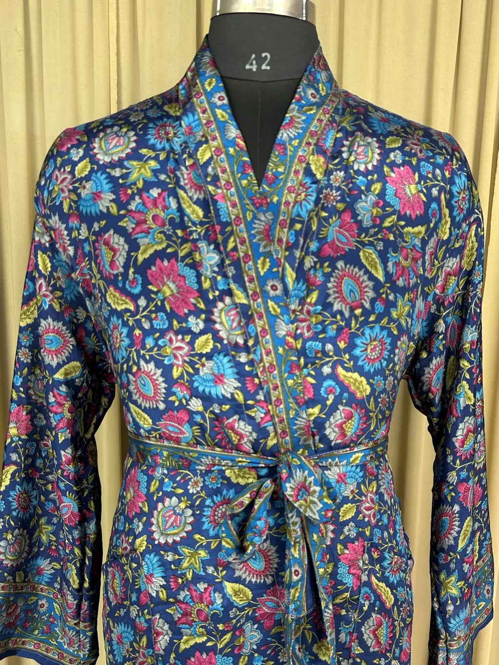 Men's Silky Kimono Robe in blue floral