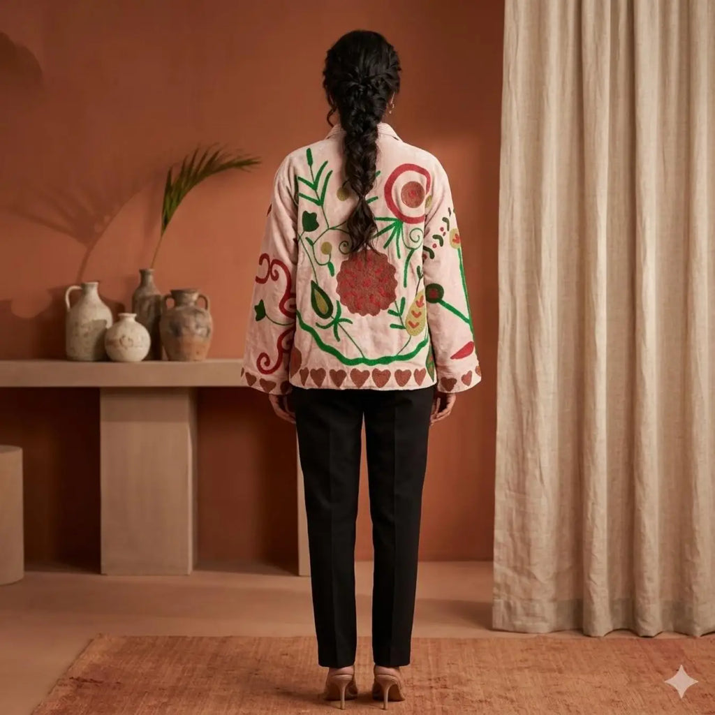 Women's Suzani embroidered Velvet Jacket in white floral