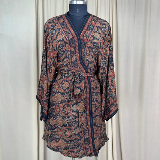 Vintage Silk Sari Boho Kimono | Luxury Loungewear House Robe Flowy Gown, Regal Floral Romance Duster Beach CoverUp, Bridesmaid Dressing Gown