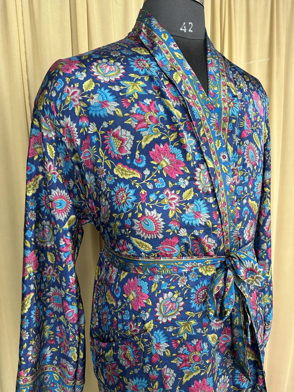 Men's Silky Kimono Robe in blue floral