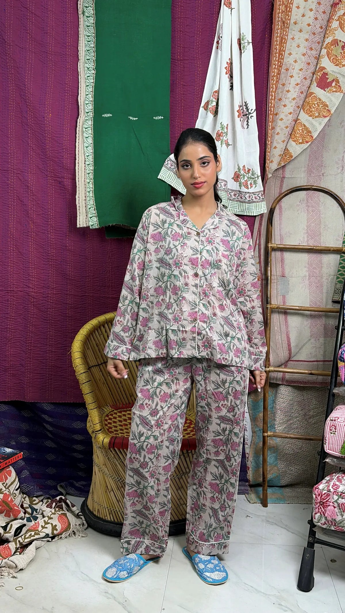 Cotton Women Pajama Set Comfortable Nightwear Summer PJ Set Nude Pink Floral Print
