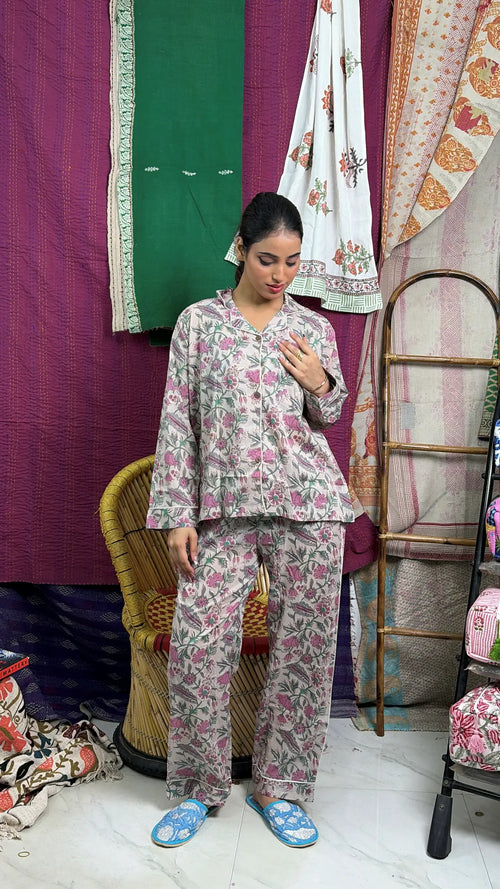 Pyjama-Set aus reiner Baumwolle, Nachthemd, Panama, handbedruckt, Nachtwäsche, Frühlings-Loungewear, luxuriöses, bequemes Schlafset mit Lotusblumenstreifen für den Sommer
