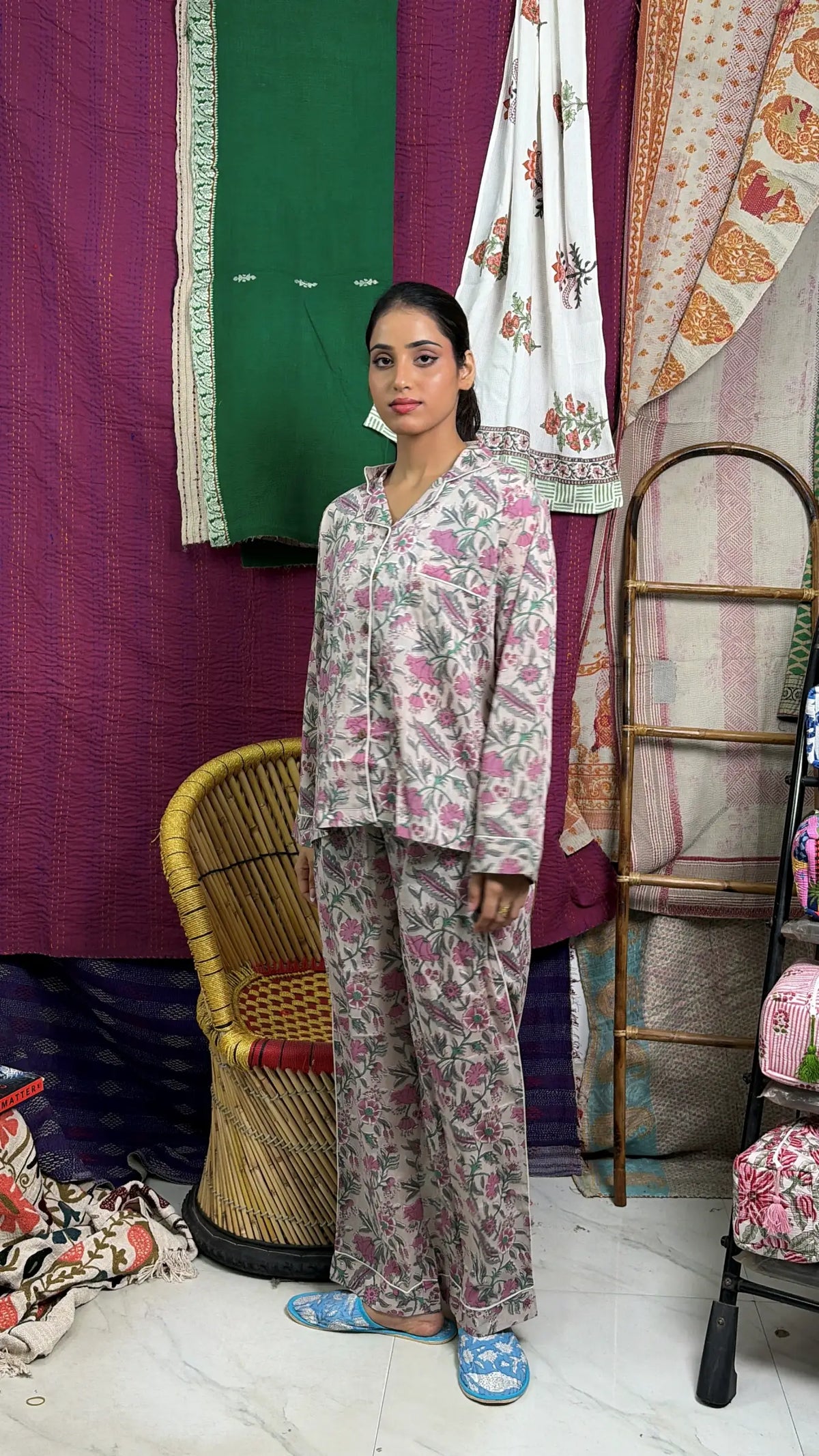 Women's Cotton Pajama Set in pink floral