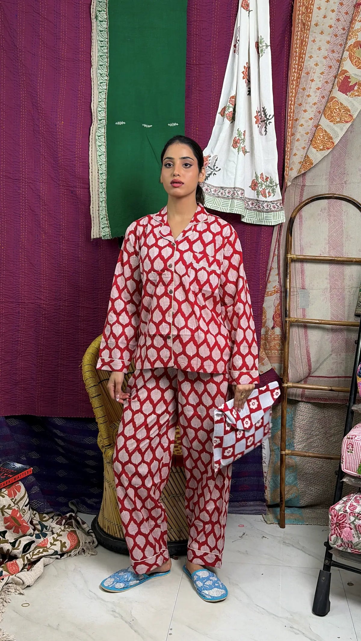Women's Cotton Pajama Set in red white leaf