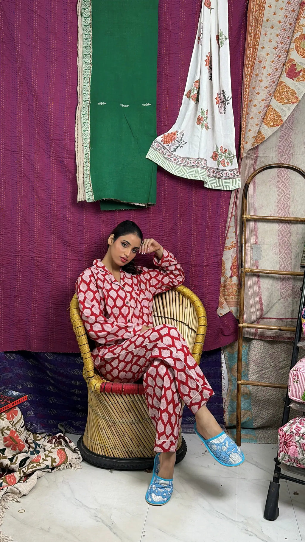 Women's Cotton Pajama Set in red white leaf