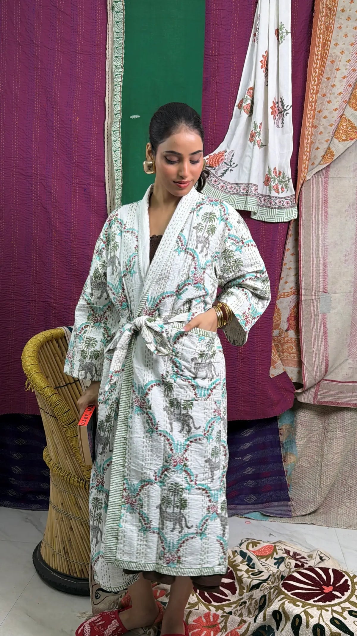 Kantha Reine Baumwolle Wendbare Lange Kimono Damen Jacke Pastell Grün Affe Tier