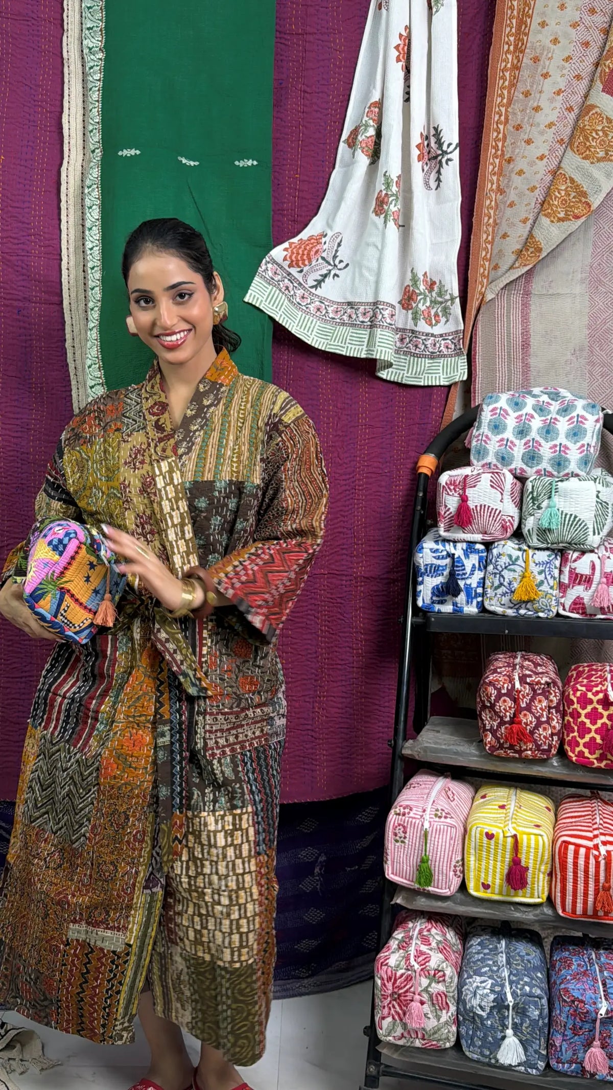 Kantha Reine Baumwolle Wendbare Lange Kimono Damen Jacke Pastell Grün Affe Tier