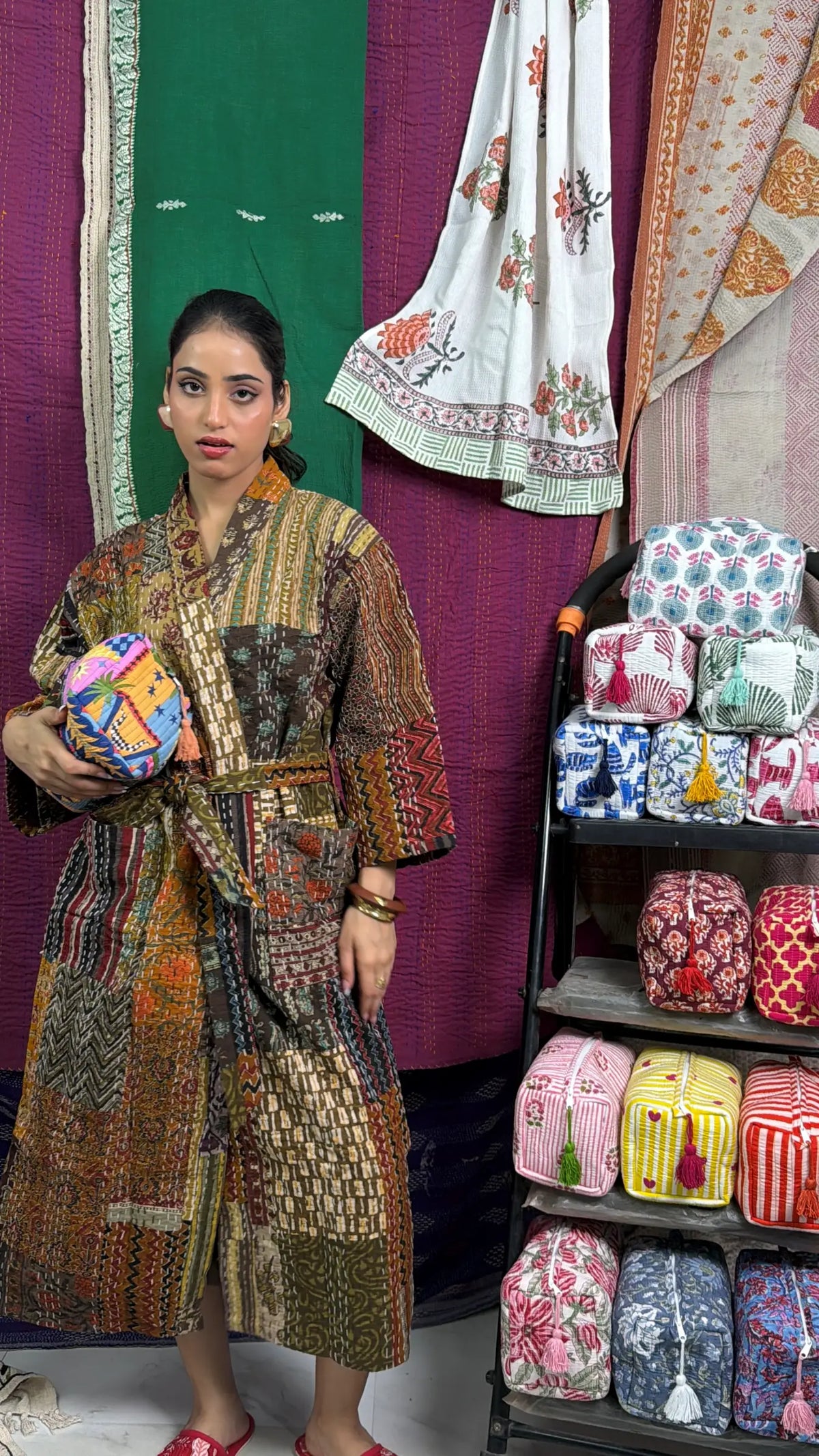 Women's reversible Kantha-stitched Cotton Short Jacket in beige brown patchwork